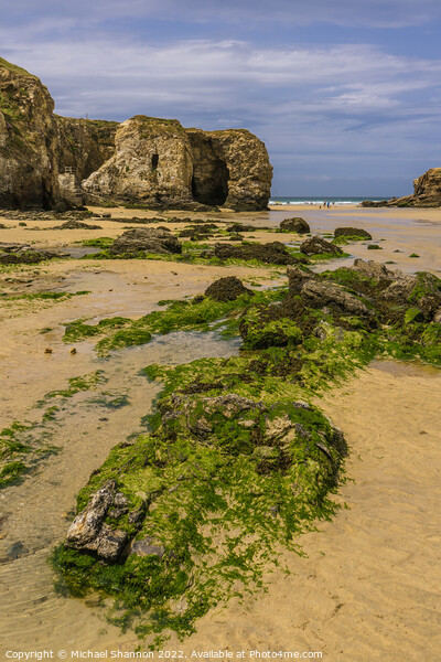 Rocks and Cliffs at Perranporth beach in Cornwall Picture Board by Michael Shannon