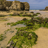 Buy canvas prints of Rocks and Cliffs at Perranporth beach in Cornwall by Michael Shannon