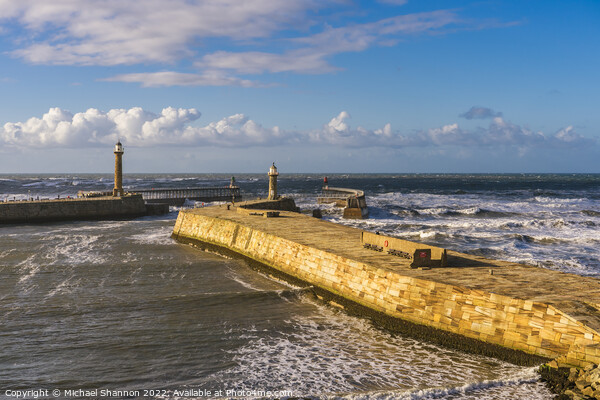 Clifftop view of the East Pier in Whitby, North Yo Picture Board by Michael Shannon