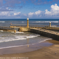 Buy canvas prints of Whitby - West and East Piers and Lighthouses by Michael Shannon