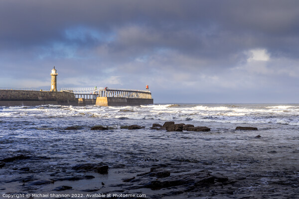 East Pier - Whitby on a stormy day Picture Board by Michael Shannon