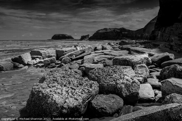 Boulders, Whitby East Beach, Black & White Picture Board by Michael Shannon