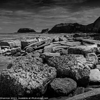Buy canvas prints of Boulders, Whitby East Beach, Black & White by Michael Shannon