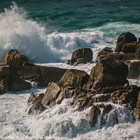 Buy canvas prints of Waves crash against the rocks at Lands End, Cornwa by Michael Shannon