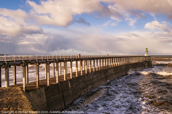 Whitby West Pier on a stormy day Picture Board by Michael Shannon