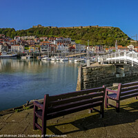 Buy canvas prints of Scarborough Harbour under blue skies on a sunny da by Michael Shannon