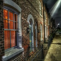 Buy canvas prints of Terraced Street Manchester at night by Sarah Paddison