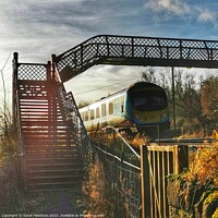 Buy canvas prints of Iron railway bridge with train, Mossley by Sarah Paddison