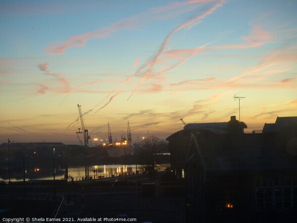 Dawn over the Docks Picture Board by Sheila Eames
