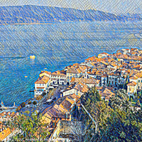 Buy canvas prints of MOSAIC EFFECT on  panoramic view of the city of Arona, lake Maggiore Italy by daniele mattioda