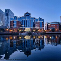 Buy canvas prints of Salford Quays Blue Hour Reflections  by Michele Davis