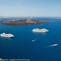 Buy canvas prints of cruise ship near volcano on island of Santorini by Antonio Gravante