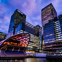 Buy canvas prints of Canary Wharf and Crossrail Place at Sunset by Hiran Perera