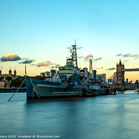Buy canvas prints of HMS Belfast, The Tower of London and Tower Bridge at Sunset by Hiran Perera