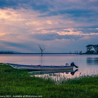 Buy canvas prints of Lone Boat, Sunset at Lake Naivasha, Kenya by Hiran Perera