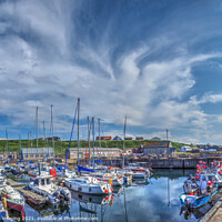 Buy canvas prints of Whitehills Village Fishing Boat Harbour And Marina High Summer Sky by OBT imaging