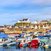 Buy canvas prints of Findochty Village Harbour Morayshire Scotland The Church The Boat The House by OBT imaging