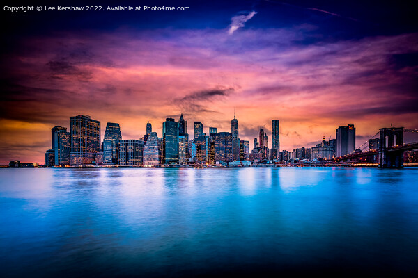 "Dusk's Embrace: The Captivating Manhattan Skyline Picture Board by Lee Kershaw