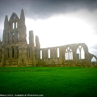 Buy canvas prints of Whitby Abbey ruins on a cloudy day by Fiona Williams