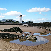 Buy canvas prints of Southerness lighthouse and beach by Fiona Williams