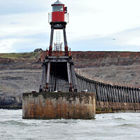 Buy canvas prints of The small lighthouse at the end of the Pier at Whi by Fiona Williams