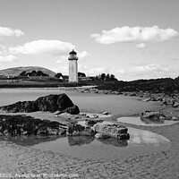 Buy canvas prints of Southerness lighthouse and beach in black and white by Fiona Williams