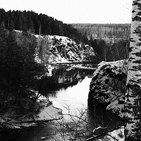 Buy canvas prints of Nature of the southern Urals, Russia - forest, rocks and river in winter, winter landscape, black and white photo. by Karina Osipova