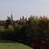 Buy canvas prints of Autumn landscape, top view, panorama, Vladimir city, Russia.  by Karina Osipova