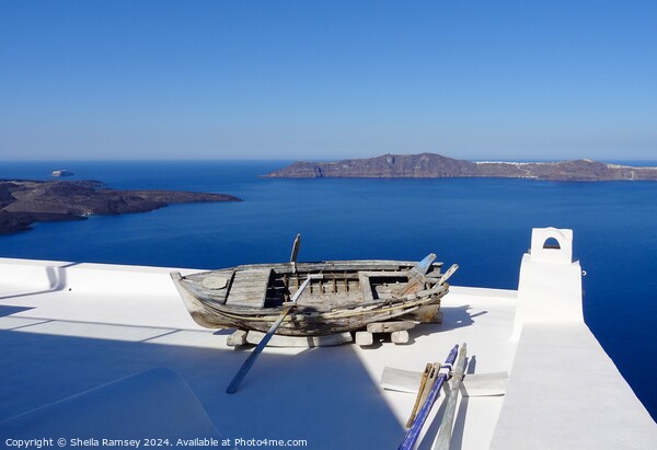 Boat On Roof Santorini Greek island Picture Board by Sheila Ramsey