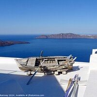 Buy canvas prints of Boat On Roof Santorini Greek island by Sheila Ramsey