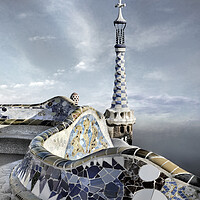 Buy canvas prints of Park Guell, Barcelona. Bench and tower by JM Ardevol