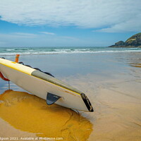 Buy canvas prints of Surfboard on Praa Sands Beach, Cornwall, Enlgand, Seascape by Rika Hodgson