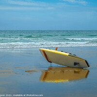 Buy canvas prints of Surfboard & Reflection on Praa Sands Beach, Cornwall by Rika Hodgson