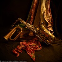 Buy canvas prints of Saxophone and bugle still life by Helen Jones