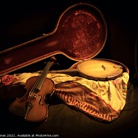 Buy canvas prints of Banjo and violin still life photo oil painting style by Helen Jones