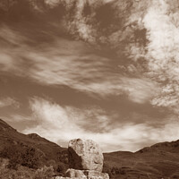 Buy canvas prints of Bruce's Stone in Glen Trool in Dumfries and Galloway, Scotland - in sepia by Robert MacDowall