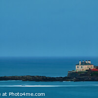 Buy canvas prints of St Mary's Lighthouse and Keepers' Cottages in Blue by Janet Carmichael