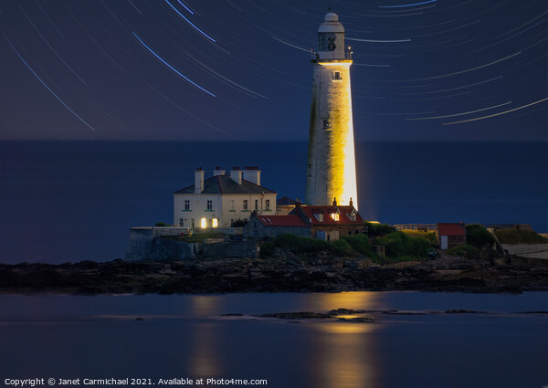 Enchanting Nighttime View of St Marys Lighthouse Picture Board by Janet Carmichael