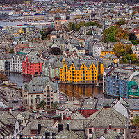 Buy canvas prints of Colourful Alesund Rooftops by Janet Carmichael
