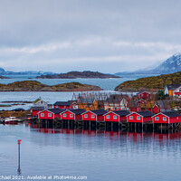 Buy canvas prints of Norwegian Fishermens Houses and Drying Racks by Janet Carmichael