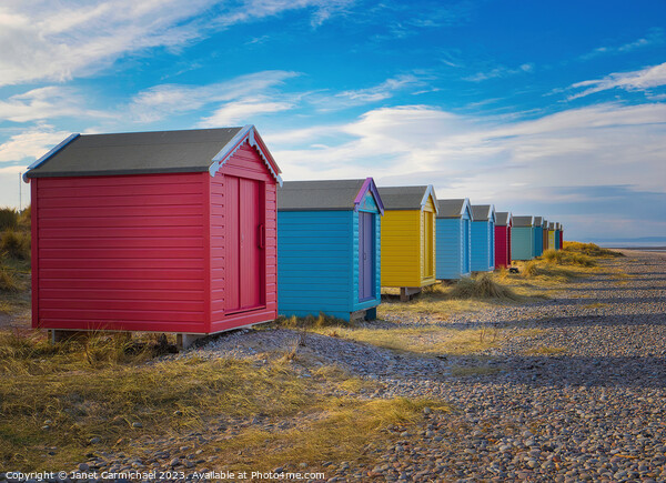 Colourful Beach Huts under Scottish Skies Picture Board by Janet Carmichael