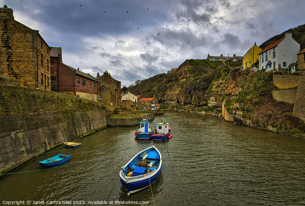 Seagulls Soar Over Stormy Staithes Picture Board by Janet Carmichael