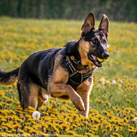 Buy canvas prints of Dog running through field of flowers by Jason Atack
