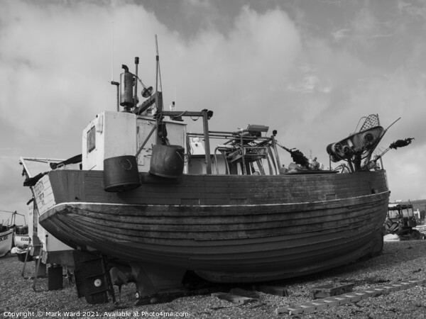 Hastings Fishing Boat in Monochrome. Picture Board by Mark Ward
