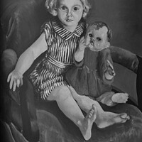 Buy canvas prints of Girl sitting with her Doll Painting. by Mark Ward