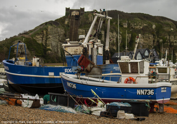 Fishing Boats on the Stade Beach in Hastings. Picture Board by Mark Ward