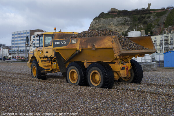 Volvo Dump Truck in Action in Hastings. Picture Board by Mark Ward