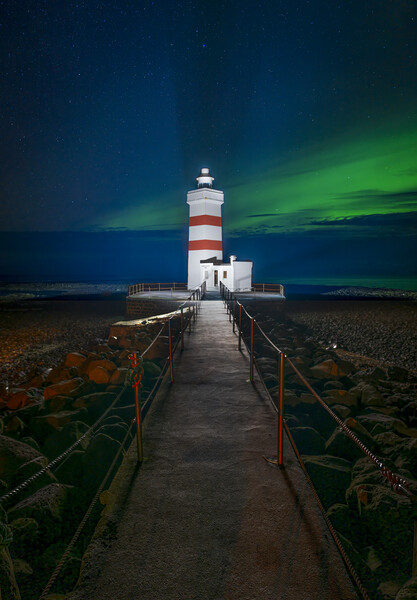 Garður Old Lighthouse with aurora  Picture Board by Jonny Gios