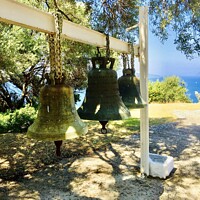 Buy canvas prints of The old bells at the monastery above Sami.  by Gaynor Ball