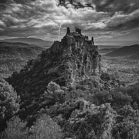 Buy canvas prints of A castle on the mountain under the storm in black and white by Vicen Photo